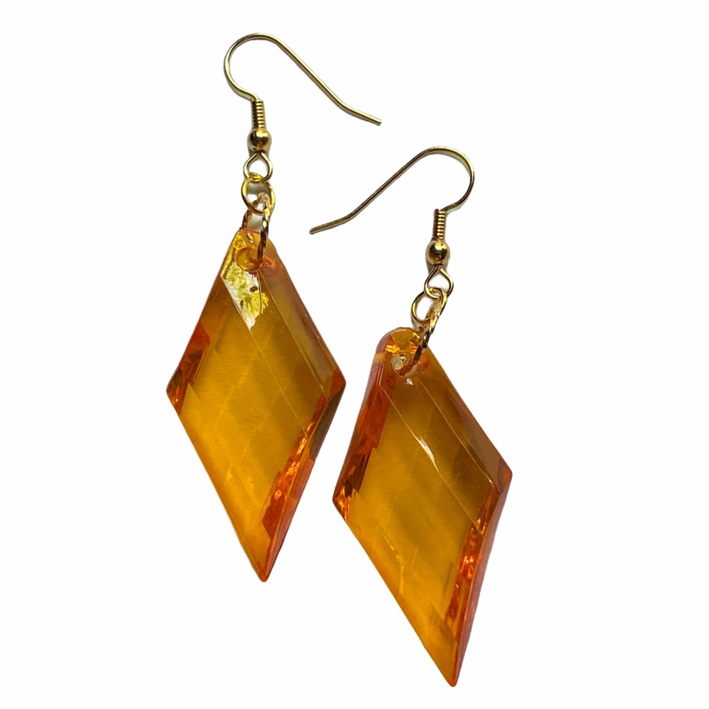HAND CRAFTED Earrings Orange Gold Dangle Long Pierced Diamond Acrylic Retro - Picture 4 of 6